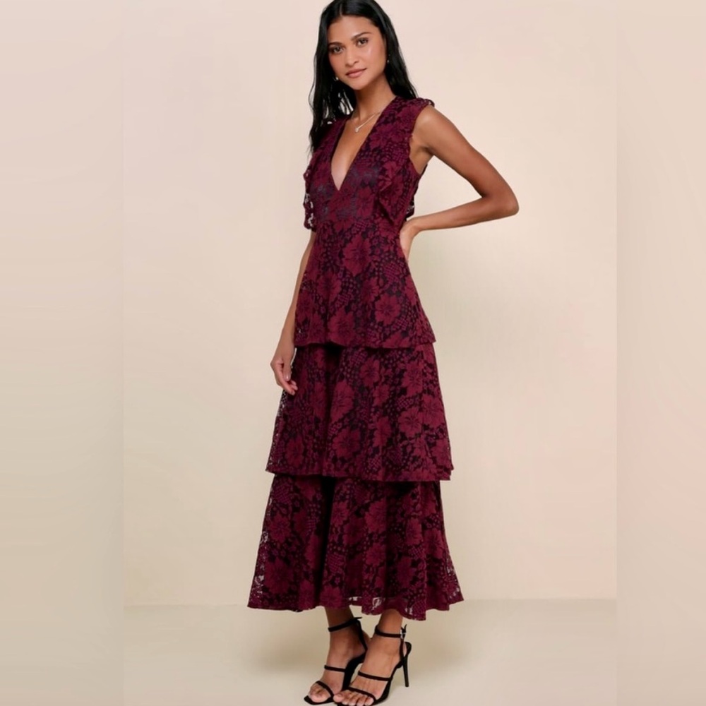 Lulus burgundy lace ruffled maxi dress